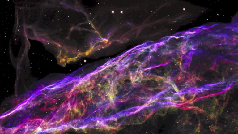 This 3-D visualization flies across a small portion of the Veil Nebula as photographed by the Hubble Space Telescope.