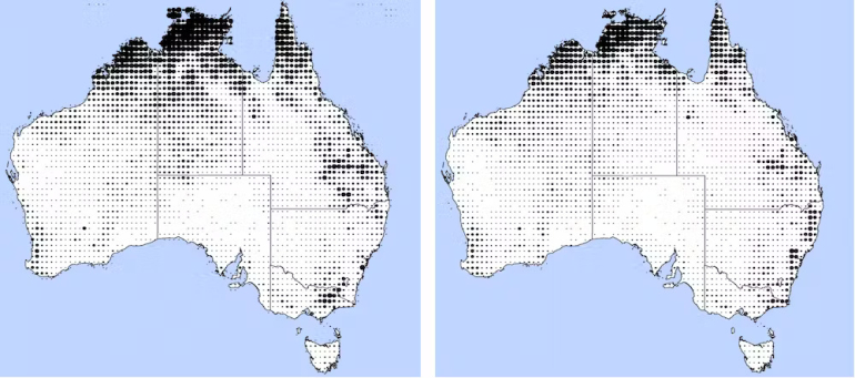 Maps demonstrating the difference in bushfire hotspots between two decades.