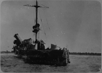Black and white image of a ship