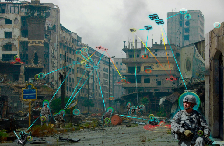 An illustration depicting the use of Internet of Battlefield Things technology in an unstructured, chaotic urban environment.